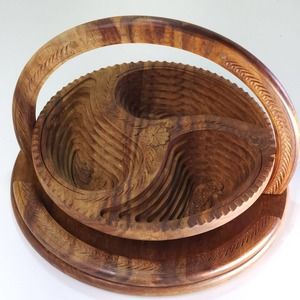 Decorative Handmade Wood Trays Basket Size 11.5" Foldable Handcrafted -Brown